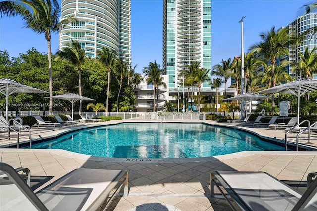 view of swimming pool featuring a patio