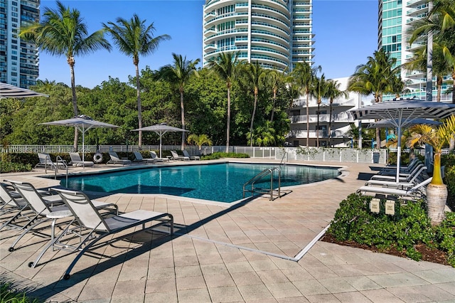 view of swimming pool featuring a patio