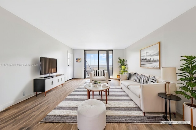 living room with expansive windows and wood-type flooring