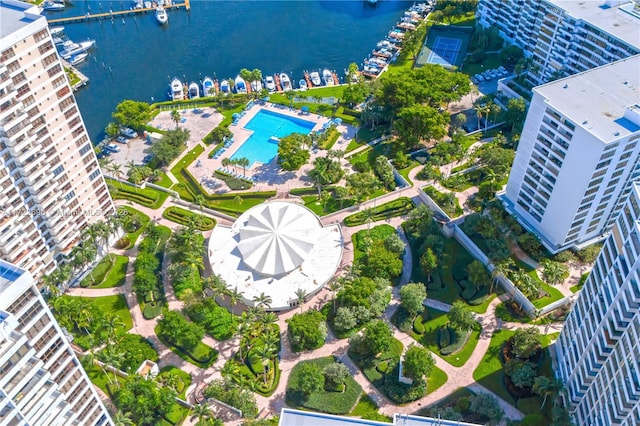 birds eye view of property featuring a water view