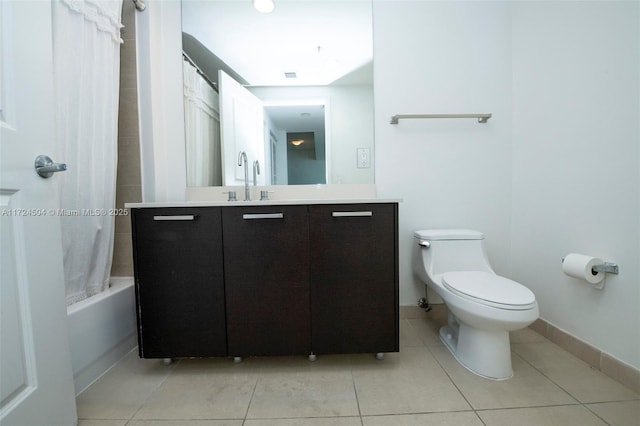 full bathroom with toilet, tile patterned flooring, shower / bathtub combination with curtain, and vanity