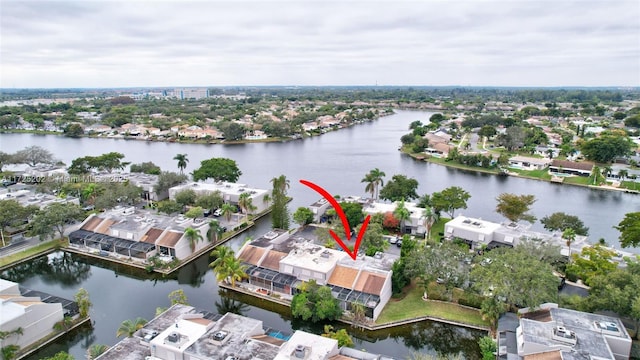 drone / aerial view featuring a water view