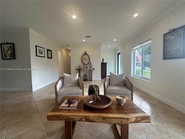 living room featuring light tile patterned floors and crown molding