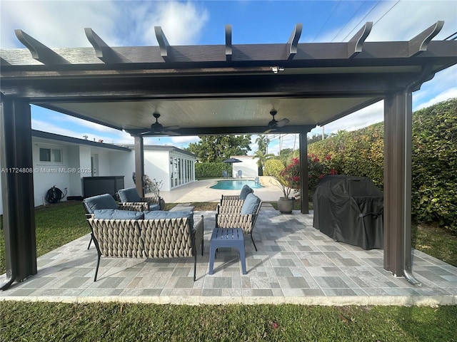 view of patio / terrace featuring an outdoor living space, ceiling fan, and a grill