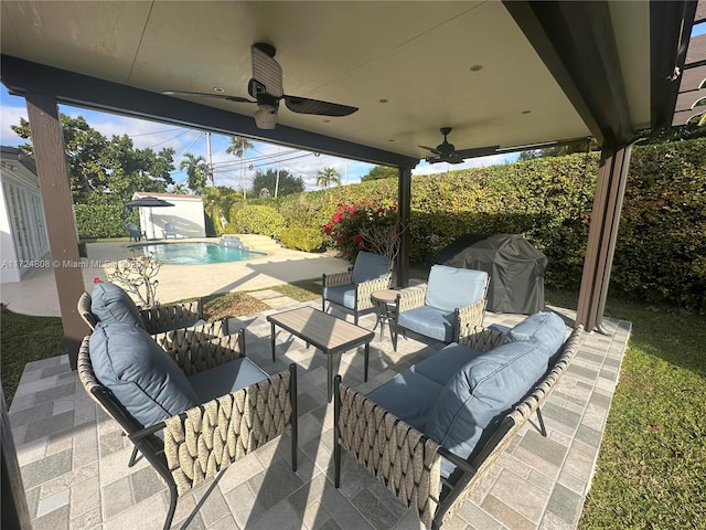 view of patio / terrace featuring a fenced in pool, ceiling fan, a grill, and outdoor lounge area