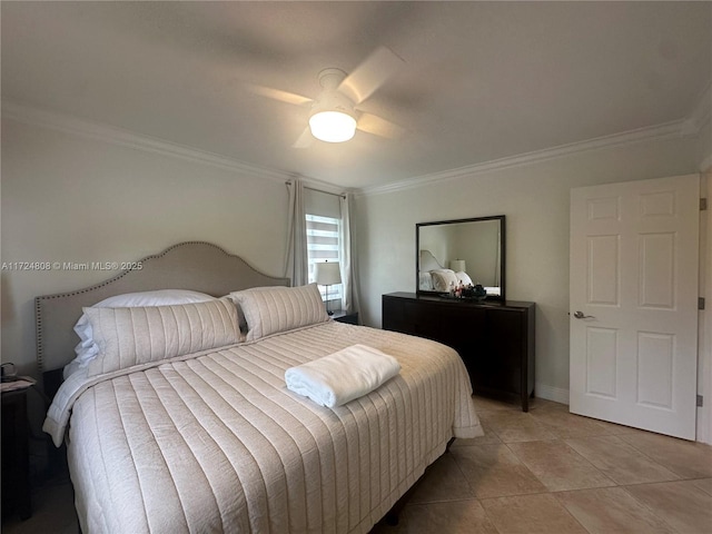 bedroom with ceiling fan, light tile patterned floors, and crown molding