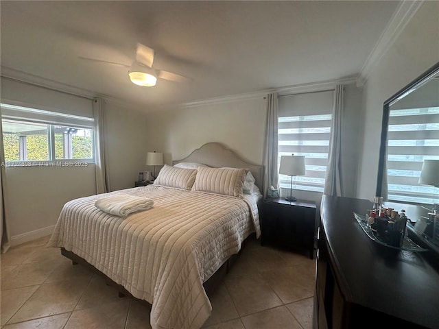 bedroom featuring light tile patterned floors, ceiling fan, and crown molding