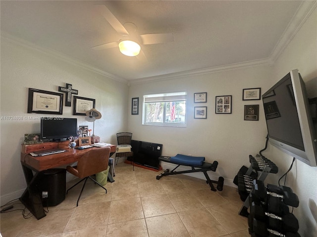 tiled home office with ceiling fan and crown molding