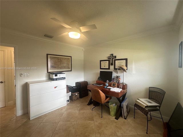 tiled office space featuring ceiling fan and crown molding