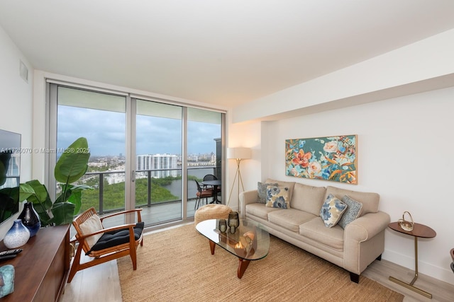 living room with light hardwood / wood-style floors and a wall of windows