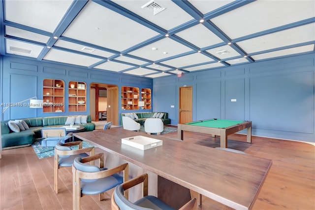 game room with coffered ceiling, wood-type flooring, pool table, beamed ceiling, and built in features