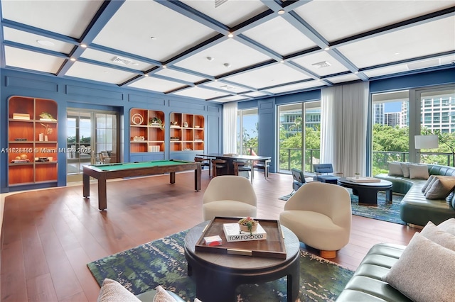 playroom featuring coffered ceiling, billiards, built in shelves, beam ceiling, and wood-type flooring