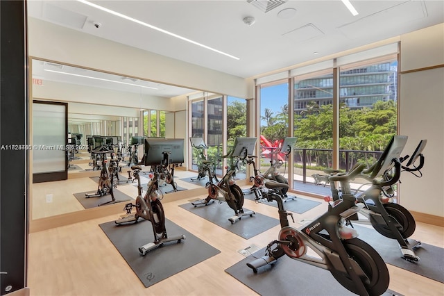 exercise room with a wall of windows and hardwood / wood-style floors