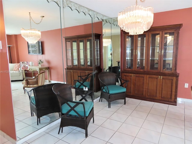 interior space featuring light tile patterned flooring and a notable chandelier