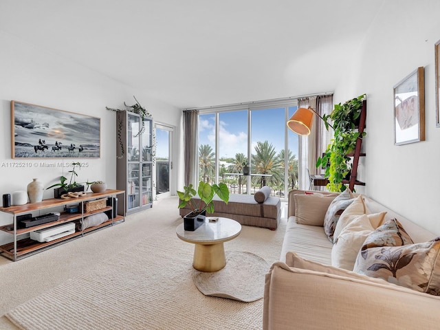 living room with expansive windows and carpet