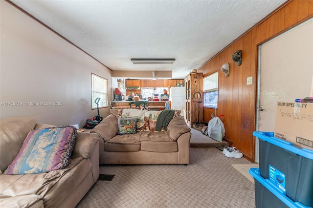 living room with a wealth of natural light, light carpet, and a textured ceiling