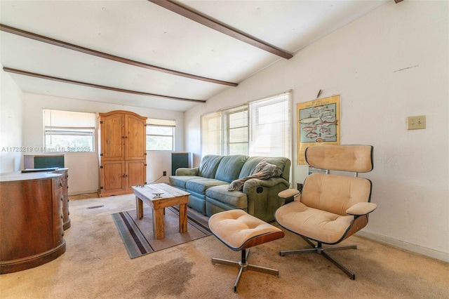 living room featuring light carpet and vaulted ceiling with beams