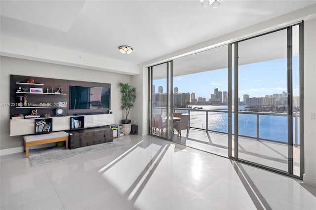 tiled living room with expansive windows