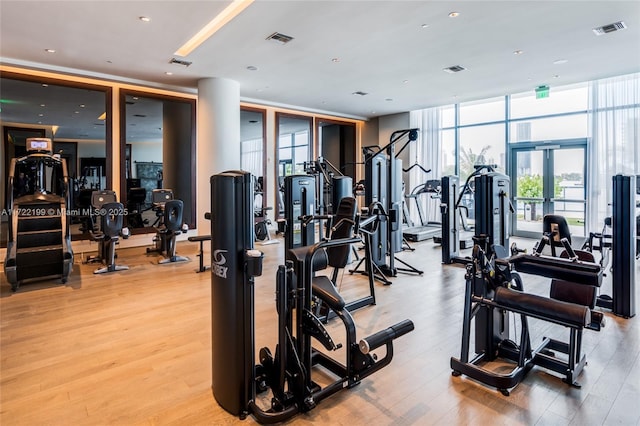 workout area featuring light wood-type flooring, french doors, and expansive windows