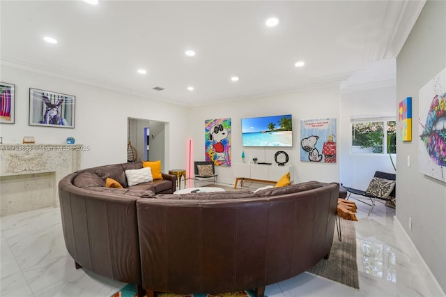 living room featuring ornamental molding