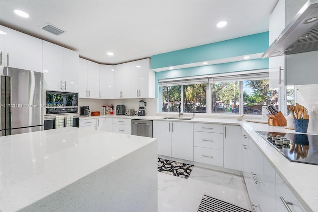 kitchen featuring white cabinets, appliances with stainless steel finishes, island range hood, and sink