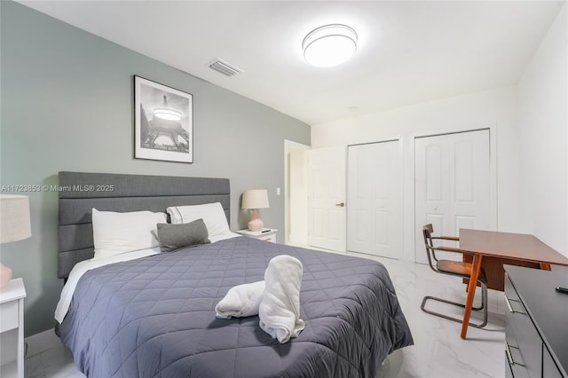 bedroom featuring multiple closets