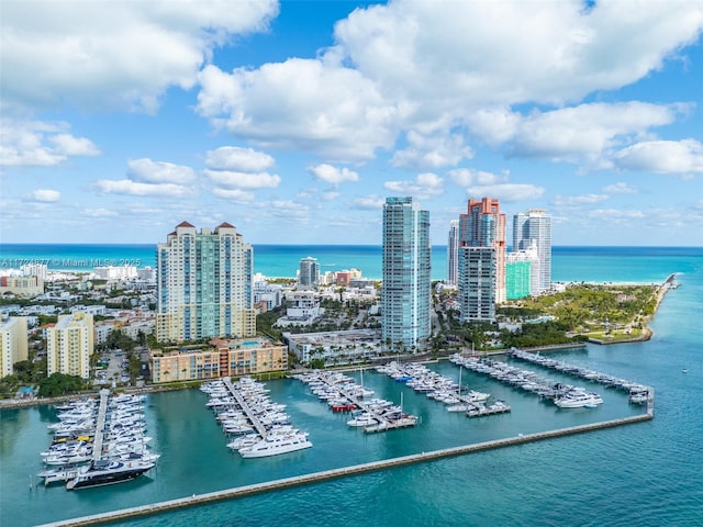 aerial view featuring a water view