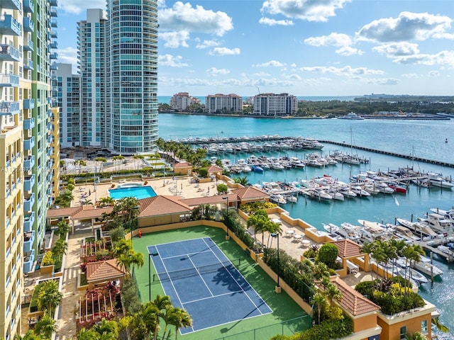 aerial view featuring a water view