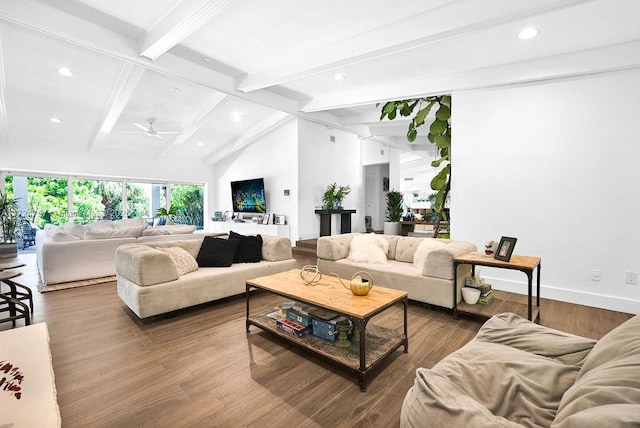 living room with ceiling fan, hardwood / wood-style floors, and lofted ceiling with beams