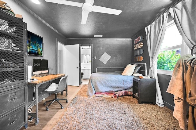 bedroom featuring crown molding, ceiling fan, light hardwood / wood-style flooring, and connected bathroom