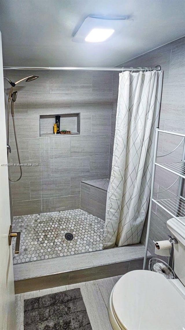 bathroom with toilet and a shower with shower curtain