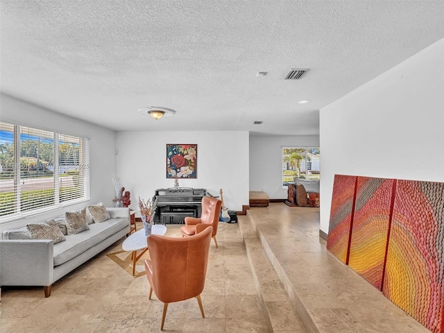 living room featuring a textured ceiling and a wealth of natural light