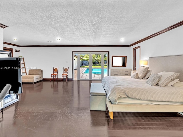 bedroom with a textured ceiling, ornamental molding, and access to exterior