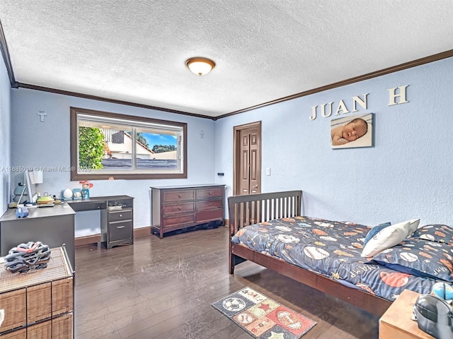 bedroom with a textured ceiling, crown molding, and dark hardwood / wood-style floors