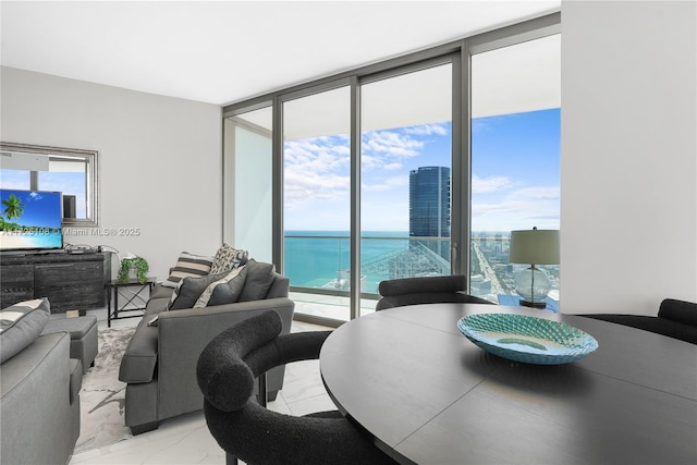 dining space with marble finish floor, a wall of windows, and a wealth of natural light