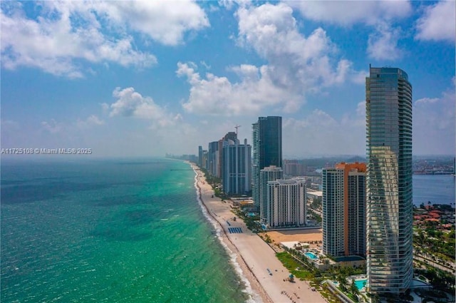 bird's eye view with a view of the beach and a water view