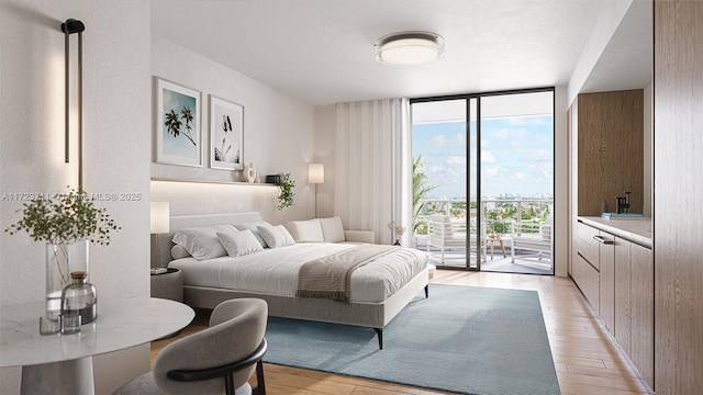 bedroom with light hardwood / wood-style floors, expansive windows, and access to exterior