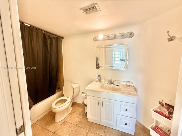 full bathroom with toilet, tile patterned flooring, shower / bathtub combination with curtain, and vanity