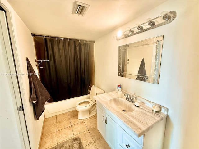 full bathroom featuring toilet, shower / tub combo, tile patterned floors, and vanity