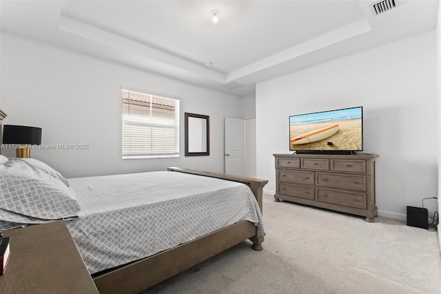 carpeted bedroom featuring a tray ceiling