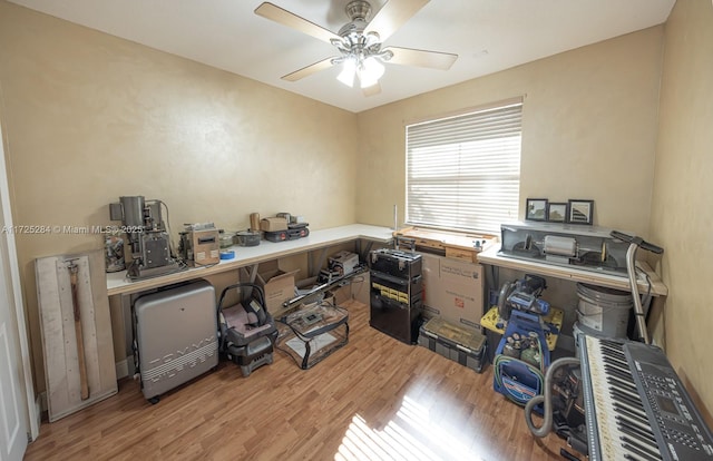 office space with ceiling fan and wood-type flooring