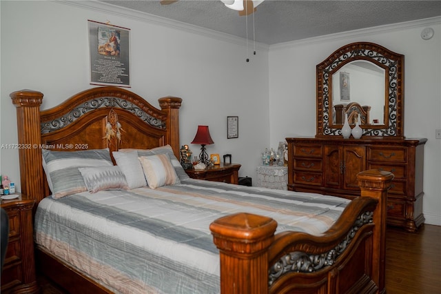 bedroom featuring ceiling fan, dark wood-type flooring, crown molding, and a textured ceiling