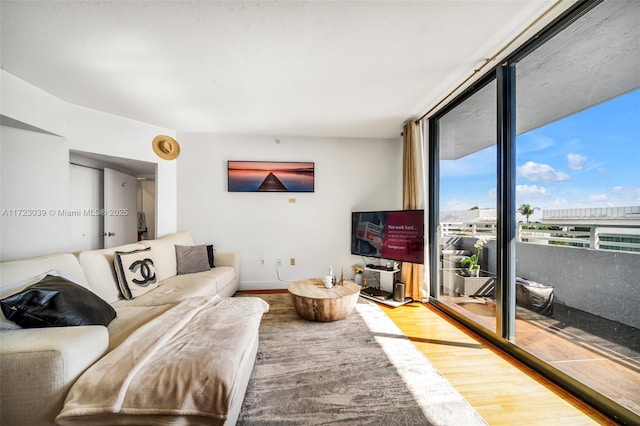 1330 W Ave Unit 1904, Miami Beach, FL 33139 - living room with wood finished floors, expansive windows, and baseboards