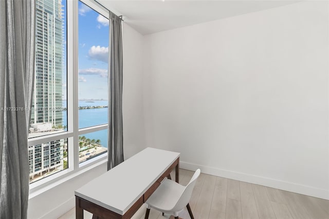 office featuring baseboards, a water view, and light wood-style floors