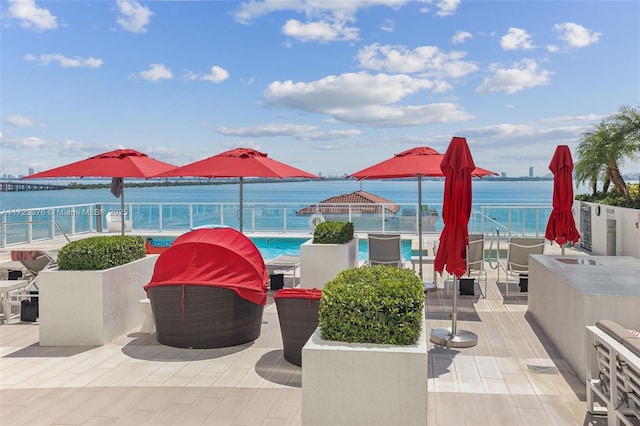 view of patio with a water view