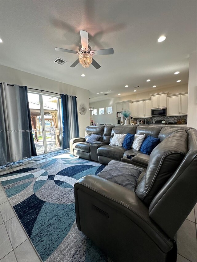 living room featuring ceiling fan