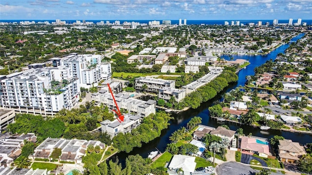 aerial view featuring a water view