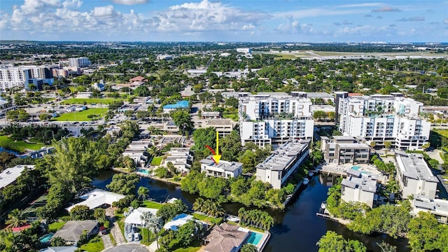 drone / aerial view featuring a water view