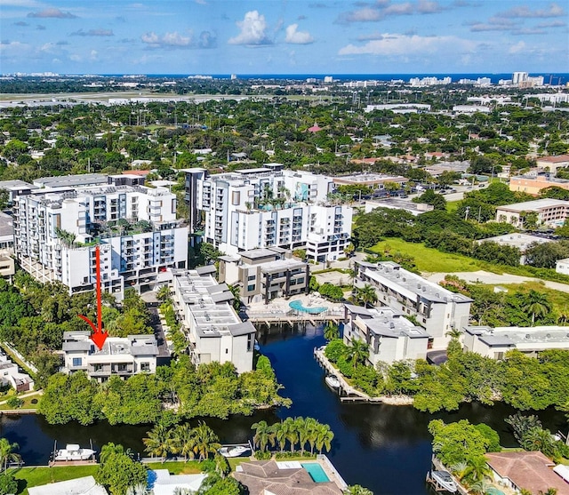 drone / aerial view featuring a water view