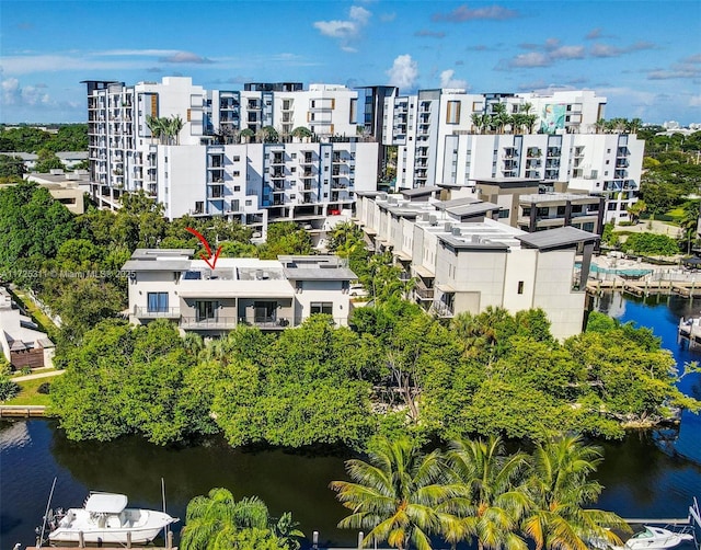 bird's eye view with a water view